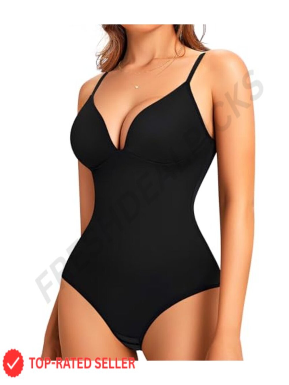 Deep V Neck Shapewear Bodysuit with Built-in Bra, Tummy Control, Sleeveless,